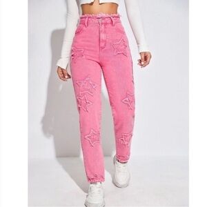 SheIn Pink Star Embellished Appliqué High Rise Distressed Women Jeans Size 6